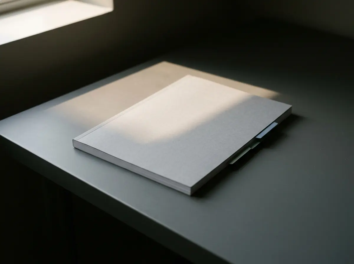 Um relatório encadernado, fechado sobre uma mesa escura, atravessado por um facho de luz que entra por uma janela fora do quadro.